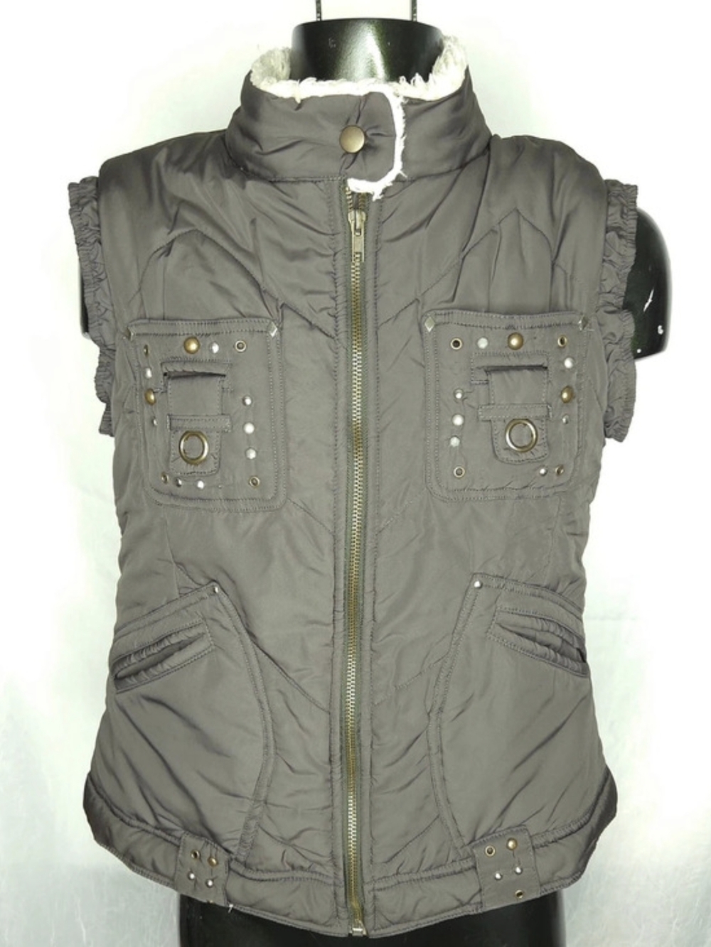 Y2K Gray/Green Studded Eyelet Fur Lined Grunge Embroidered Eagle Puffer Vest Med
